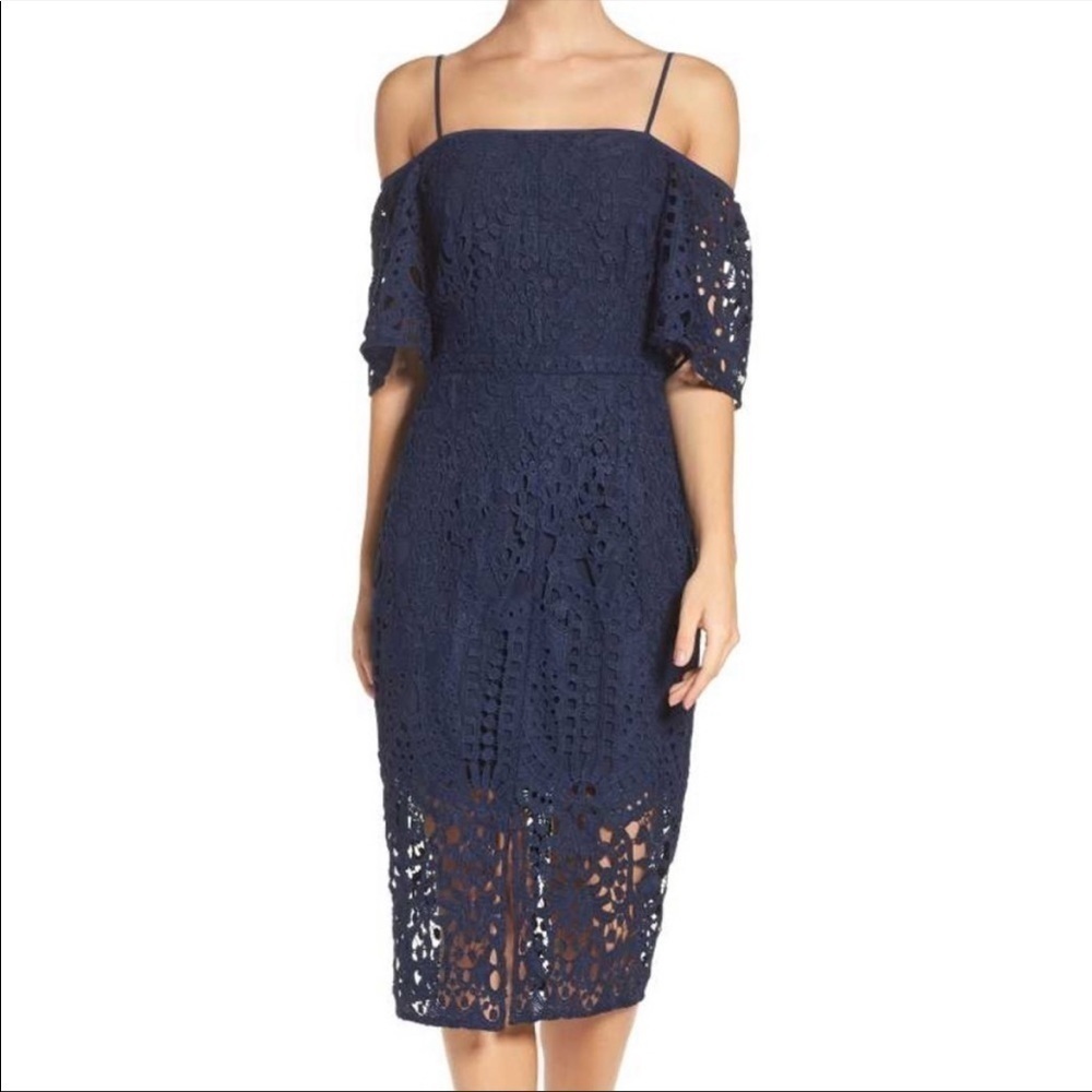 Chelsea 28 Off Shoulder Navy Lace Dress Size Small - Picture 2 of 9